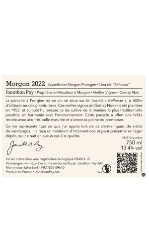 2022 Domaine Jonathan Pey - Morgon 22 Cru “Bellevue” - French Back Label thumbnail