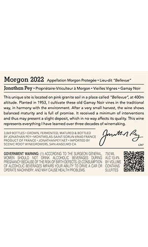Domaine Jonathan Pey - Morgon 22 Cru “Bellevue” - back label - US thumbnail