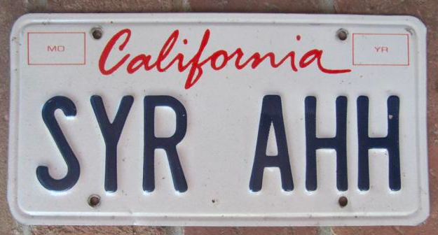 California license plate with "Syrah" on it