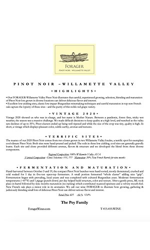 2020 Forager Willamette Valley Pinot Noir Fact Sheet