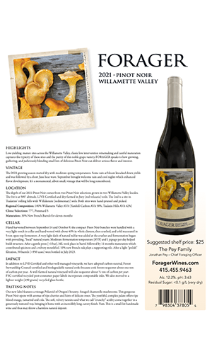 2021 Forager Pinot Noir Willamette Valley Fact Sheet