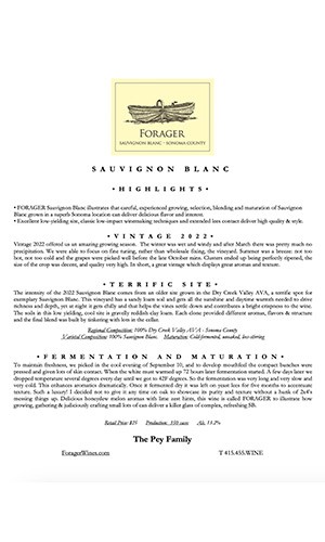 2022 FORAGER Sauvignon Blanc, Sonoma County Fact Sheet