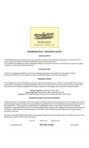 2021 Forager Chardonnay Sonoma Coast  Fact Sheet