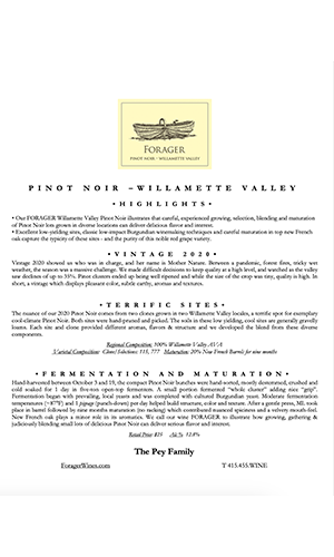 2020 FORAGER Willamette Valley Pinot Noir Technical Notes