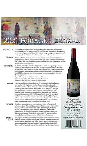 2021 FORAGER Sonoma Coast Pinot Noir Fact Sheet