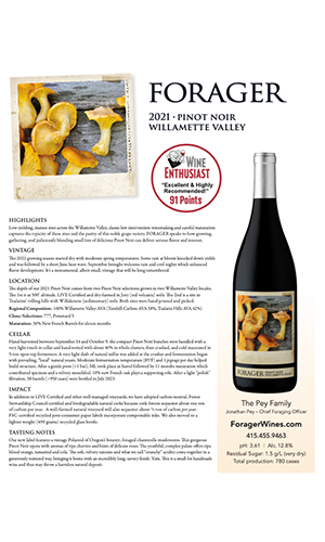 2021 Forager Willamette Valley Pinot Noir Fact Sheet with Accolades