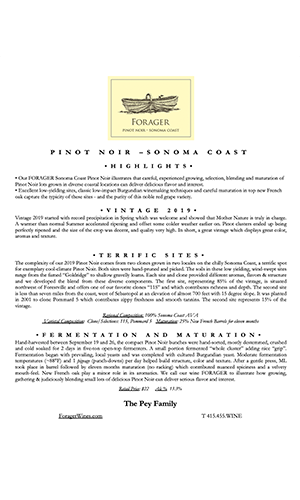 2019 FORAGER Sonoma Coast Pinot Noir Technical Notes