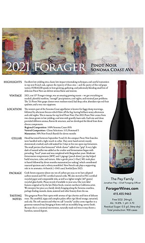 2021 FORAGER Sonoma Coast Pinot Noir Fact Sheet